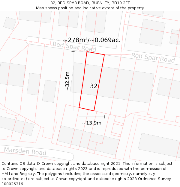 32, RED SPAR ROAD, BURNLEY, BB10 2EE: Plot and title map