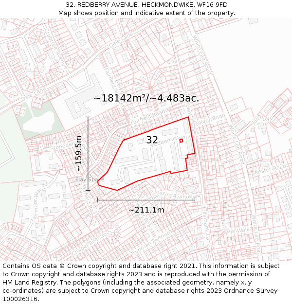 32, REDBERRY AVENUE, HECKMONDWIKE, WF16 9FD: Plot and title map