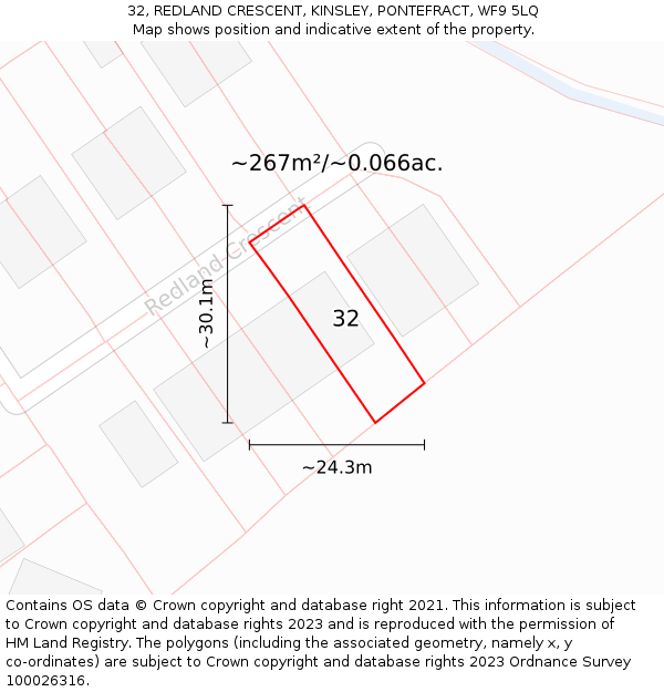 32, REDLAND CRESCENT, KINSLEY, PONTEFRACT, WF9 5LQ: Plot and title map