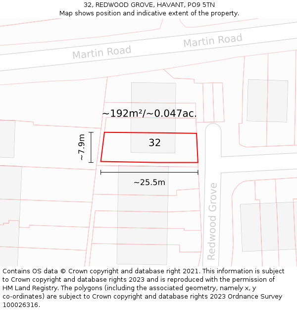 32, REDWOOD GROVE, HAVANT, PO9 5TN: Plot and title map