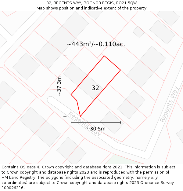 32, REGENTS WAY, BOGNOR REGIS, PO21 5QW: Plot and title map