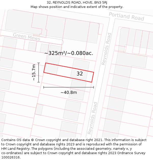 32, REYNOLDS ROAD, HOVE, BN3 5RJ: Plot and title map