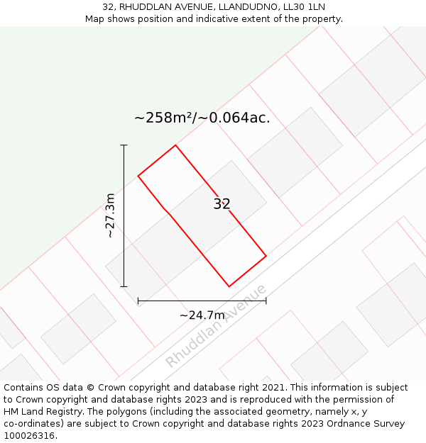 32, RHUDDLAN AVENUE, LLANDUDNO, LL30 1LN: Plot and title map