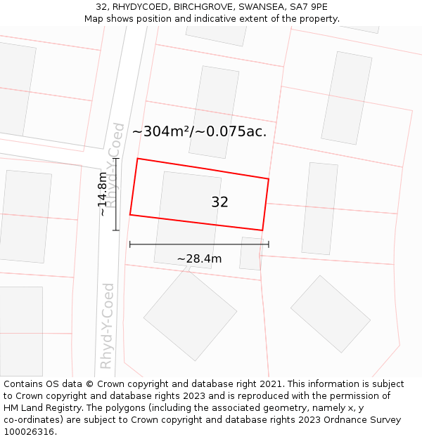 32, RHYDYCOED, BIRCHGROVE, SWANSEA, SA7 9PE: Plot and title map