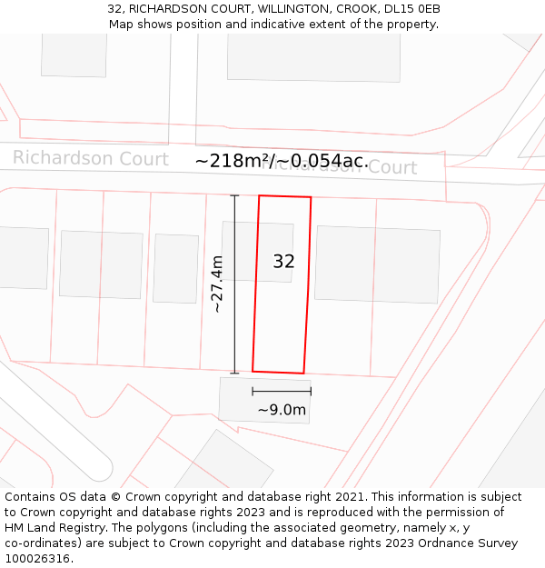 32, RICHARDSON COURT, WILLINGTON, CROOK, DL15 0EB: Plot and title map