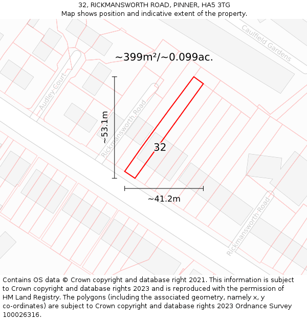 32, RICKMANSWORTH ROAD, PINNER, HA5 3TG: Plot and title map