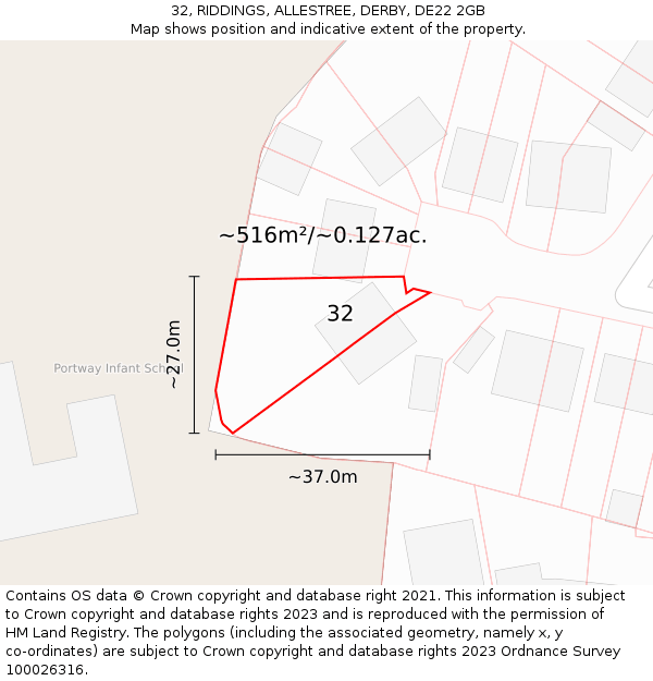 32, RIDDINGS, ALLESTREE, DERBY, DE22 2GB: Plot and title map