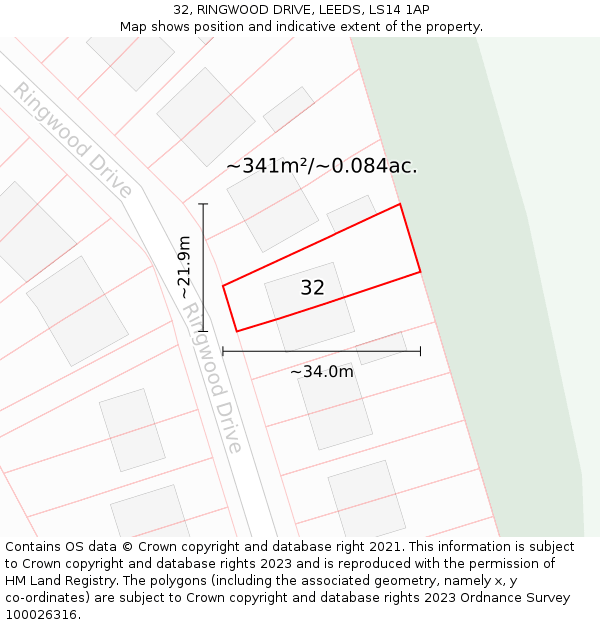 32, RINGWOOD DRIVE, LEEDS, LS14 1AP: Plot and title map