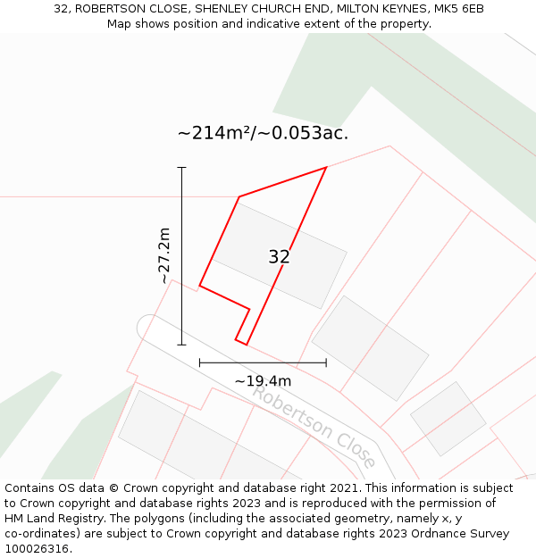 32, ROBERTSON CLOSE, SHENLEY CHURCH END, MILTON KEYNES, MK5 6EB: Plot and title map