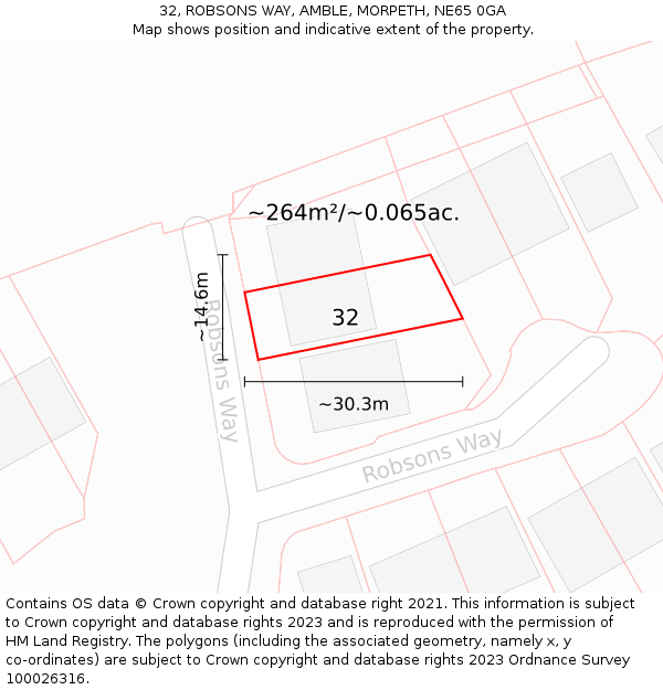 32, ROBSONS WAY, AMBLE, MORPETH, NE65 0GA: Plot and title map