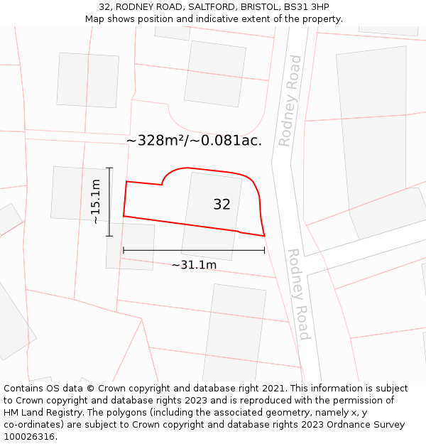 32, RODNEY ROAD, SALTFORD, BRISTOL, BS31 3HP: Plot and title map