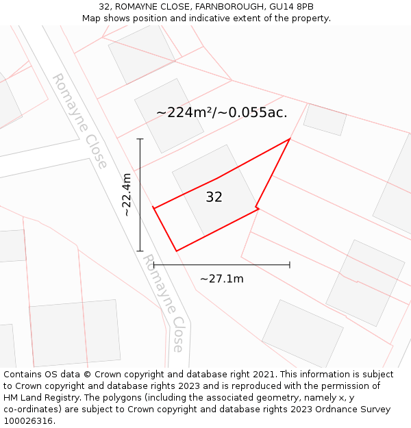 32, ROMAYNE CLOSE, FARNBOROUGH, GU14 8PB: Plot and title map