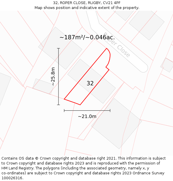 32, ROPER CLOSE, RUGBY, CV21 4PF: Plot and title map