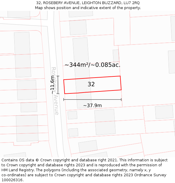 32, ROSEBERY AVENUE, LEIGHTON BUZZARD, LU7 2RQ: Plot and title map