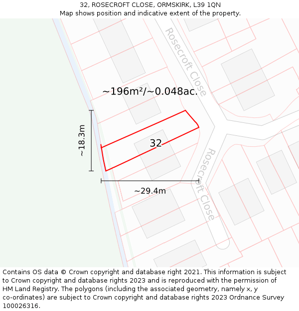 32, ROSECROFT CLOSE, ORMSKIRK, L39 1QN: Plot and title map