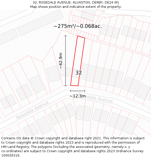 32, ROSEDALE AVENUE, ALVASTON, DERBY, DE24 0FJ: Plot and title map