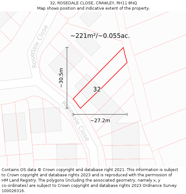 32, ROSEDALE CLOSE, CRAWLEY, RH11 8NQ: Plot and title map