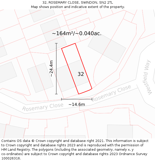 32, ROSEMARY CLOSE, SWINDON, SN2 2TL: Plot and title map