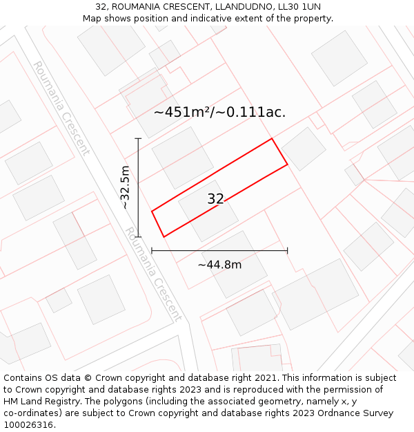 32, ROUMANIA CRESCENT, LLANDUDNO, LL30 1UN: Plot and title map