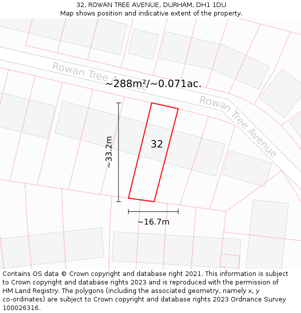 32, ROWAN TREE AVENUE, DURHAM, DH1 1DU: Plot and title map