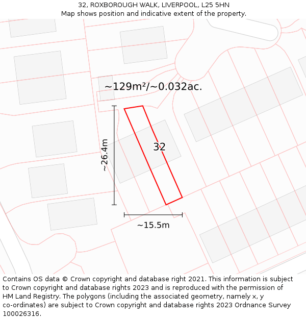 32, ROXBOROUGH WALK, LIVERPOOL, L25 5HN: Plot and title map