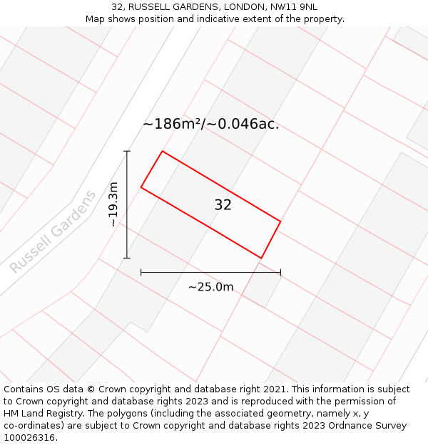 32, RUSSELL GARDENS, LONDON, NW11 9NL: Plot and title map