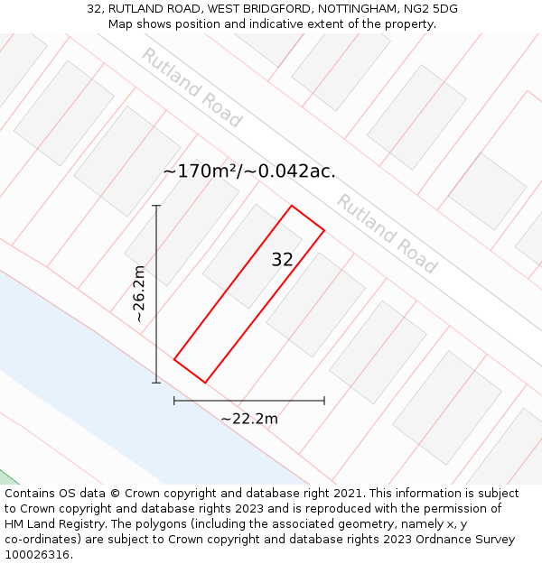 32, RUTLAND ROAD, WEST BRIDGFORD, NOTTINGHAM, NG2 5DG: Plot and title map