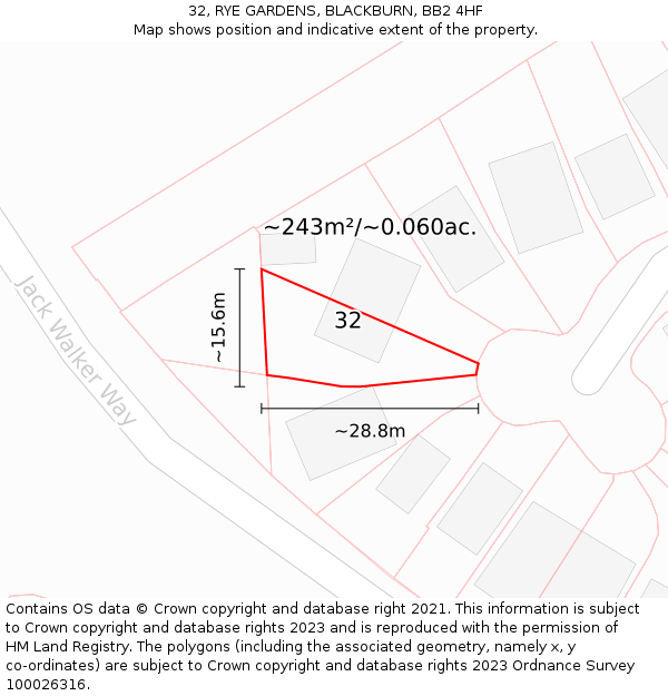 32, RYE GARDENS, BLACKBURN, BB2 4HF: Plot and title map