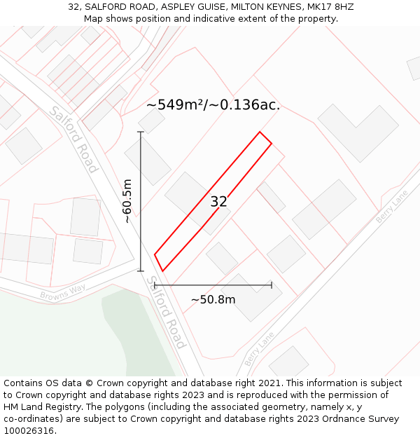 32, SALFORD ROAD, ASPLEY GUISE, MILTON KEYNES, MK17 8HZ: Plot and title map