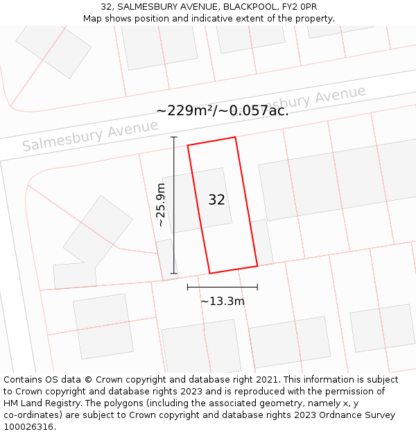 32, SALMESBURY AVENUE, BLACKPOOL, FY2 0PR: Plot and title map