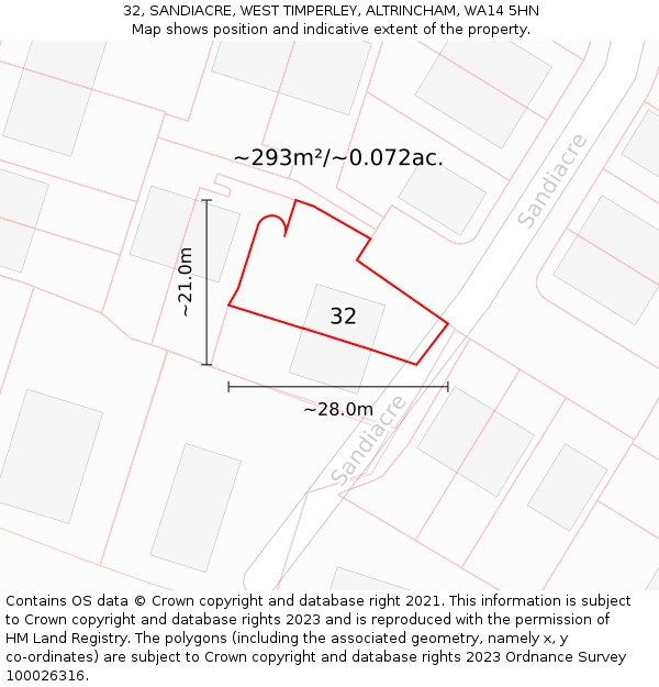 32, SANDIACRE, WEST TIMPERLEY, ALTRINCHAM, WA14 5HN: Plot and title map