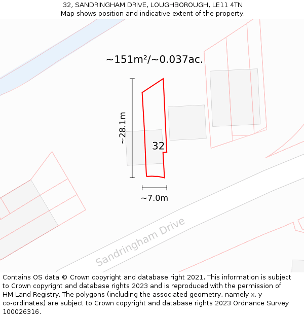 32, SANDRINGHAM DRIVE, LOUGHBOROUGH, LE11 4TN: Plot and title map