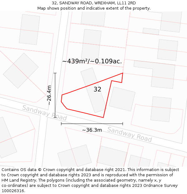 32, SANDWAY ROAD, WREXHAM, LL11 2RD: Plot and title map