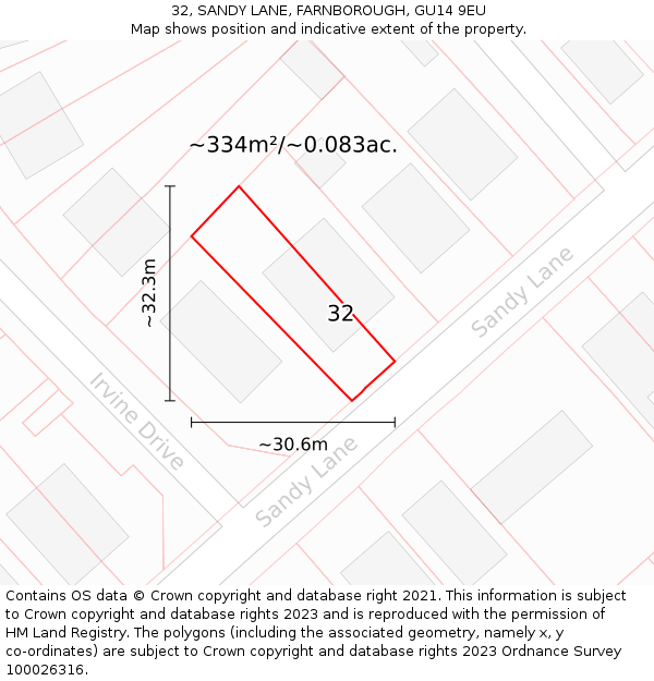 32, SANDY LANE, FARNBOROUGH, GU14 9EU: Plot and title map