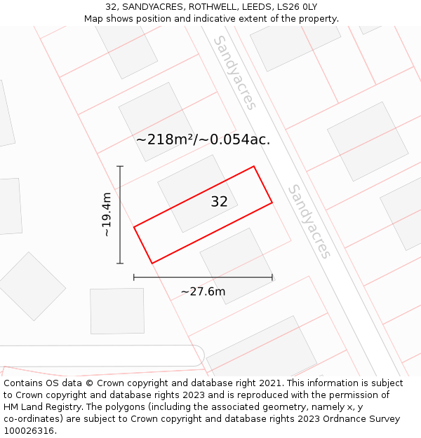 32, SANDYACRES, ROTHWELL, LEEDS, LS26 0LY: Plot and title map