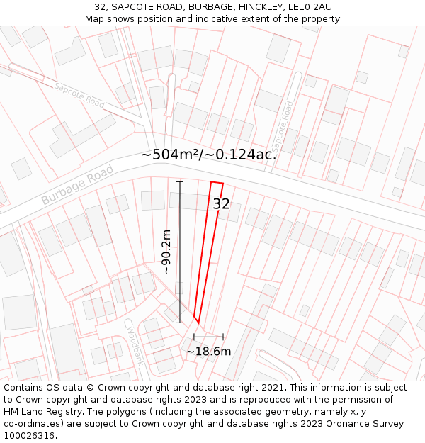 32, SAPCOTE ROAD, BURBAGE, HINCKLEY, LE10 2AU: Plot and title map