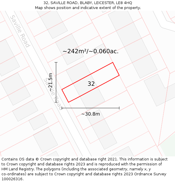 32, SAVILLE ROAD, BLABY, LEICESTER, LE8 4HQ: Plot and title map