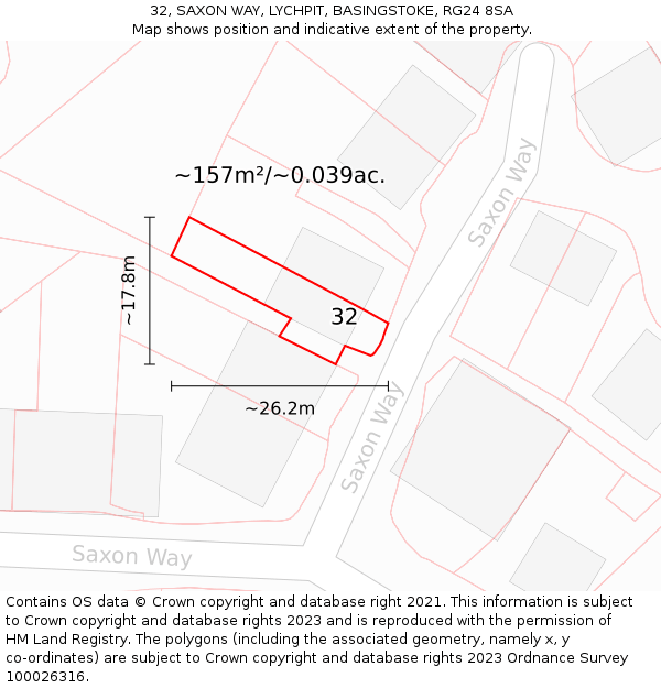 32, SAXON WAY, LYCHPIT, BASINGSTOKE, RG24 8SA: Plot and title map