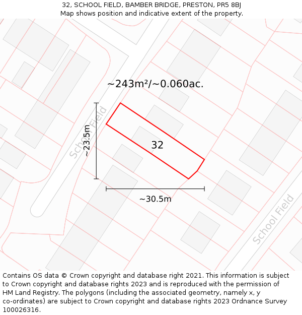 32, SCHOOL FIELD, BAMBER BRIDGE, PRESTON, PR5 8BJ: Plot and title map