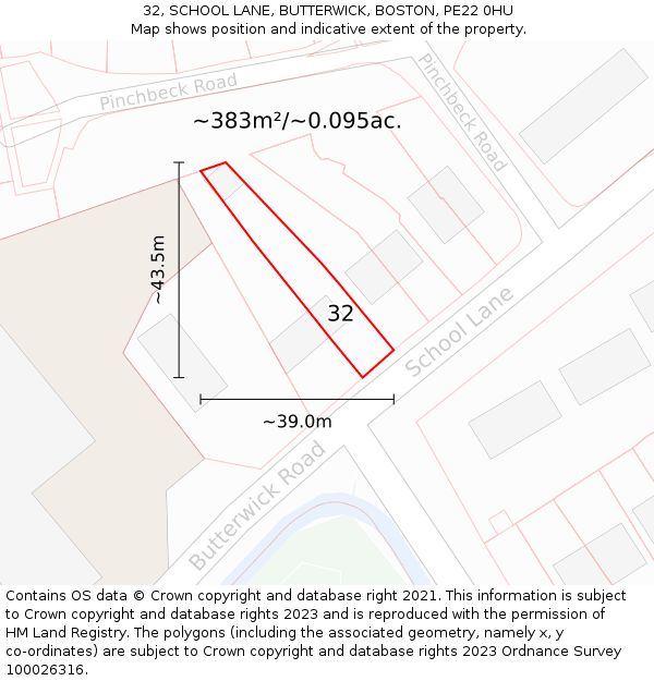 32, SCHOOL LANE, BUTTERWICK, BOSTON, PE22 0HU: Plot and title map