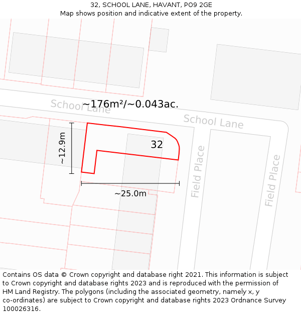 32, SCHOOL LANE, HAVANT, PO9 2GE: Plot and title map