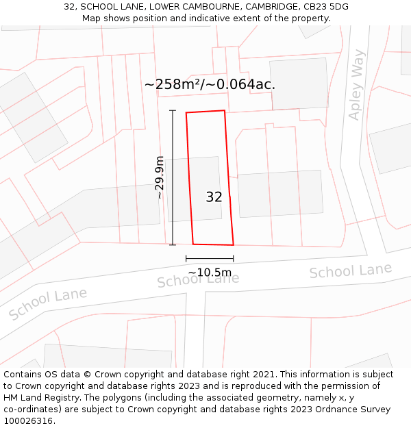 32, SCHOOL LANE, LOWER CAMBOURNE, CAMBRIDGE, CB23 5DG: Plot and title map