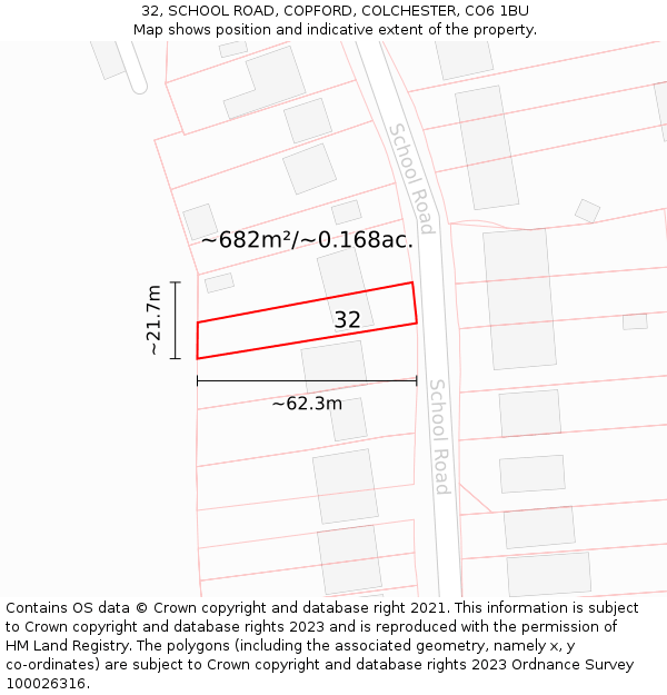 32, SCHOOL ROAD, COPFORD, COLCHESTER, CO6 1BU: Plot and title map