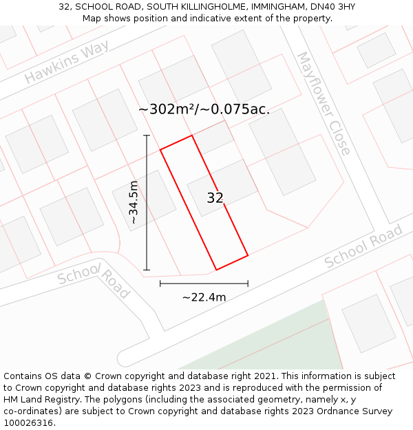 32, SCHOOL ROAD, SOUTH KILLINGHOLME, IMMINGHAM, DN40 3HY: Plot and title map