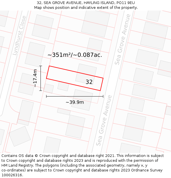 32, SEA GROVE AVENUE, HAYLING ISLAND, PO11 9EU: Plot and title map