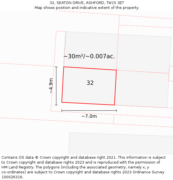 32, SEATON DRIVE, ASHFORD, TW15 3ET: Plot and title map