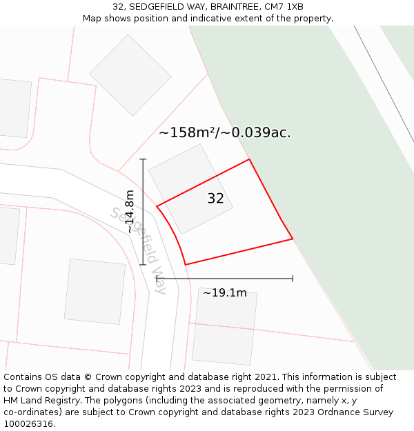 32, SEDGEFIELD WAY, BRAINTREE, CM7 1XB: Plot and title map