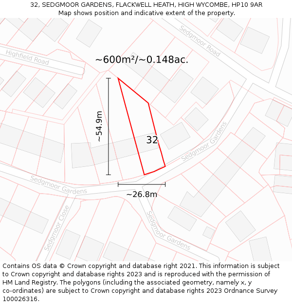 32, SEDGMOOR GARDENS, FLACKWELL HEATH, HIGH WYCOMBE, HP10 9AR: Plot and title map