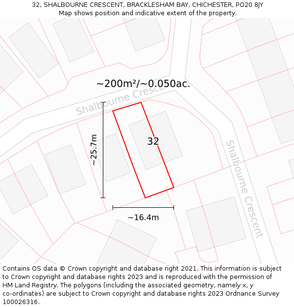 32, SHALBOURNE CRESCENT, BRACKLESHAM BAY, CHICHESTER, PO20 8JY: Plot and title map