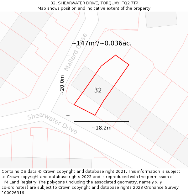 32, SHEARWATER DRIVE, TORQUAY, TQ2 7TP: Plot and title map